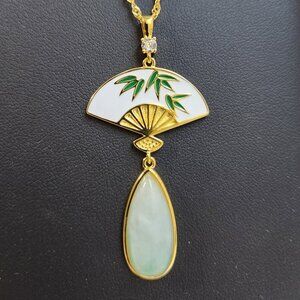 NIB 18k Yellow Gold Naural Jadeite & White Zircon Pendant w/ 18" 925 Chain